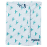 Town Hall's teal neck gaiter showing snowboarding bunny pattern and brand logo, featuring double-wall construction for all-day mountain comfort.