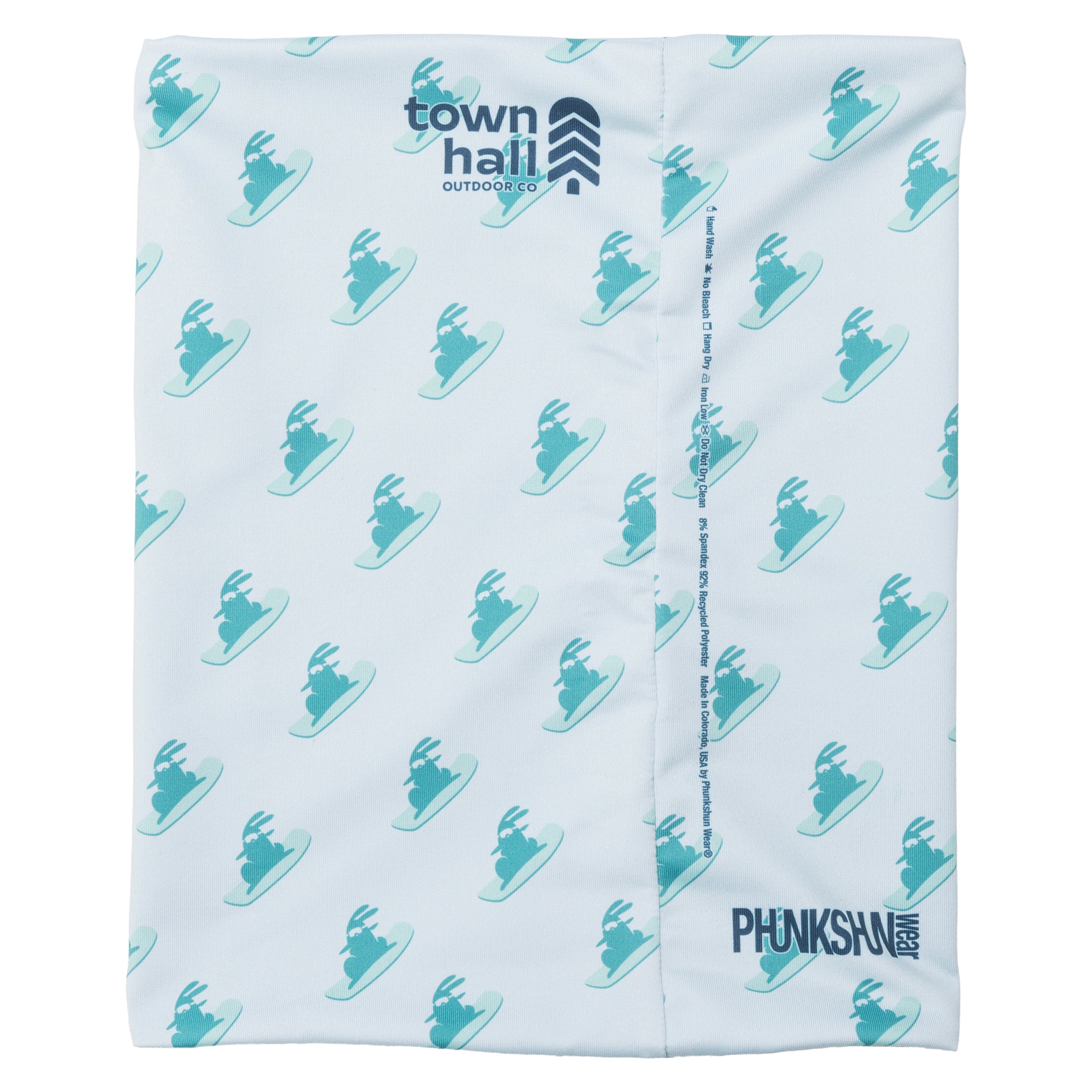 Town Hall's teal neck gaiter showing snowboarding bunny pattern and brand logo, featuring double-wall construction for all-day mountain comfort.