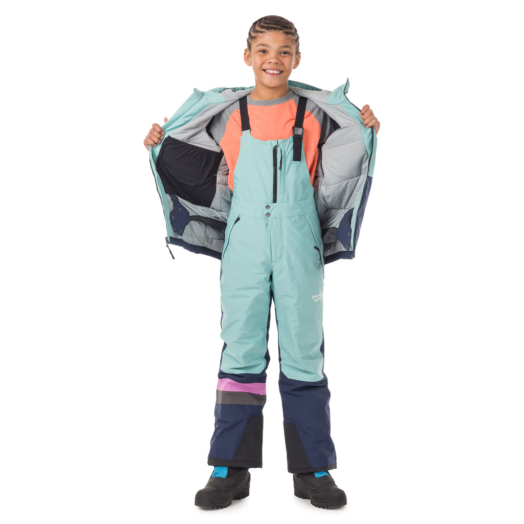 Town Hall Mountain Town Winter Bib in Canton/Black Iris shown with jacket open, displaying the full waterproof bib design with adjustable straps and front zipper for easy bathroom breaks.