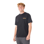 Man wearing black Adult Summertime Outside Tee with Town Hall logo on front, showcasing the casual fit and vacation-inspired design perfect for outdoor adventures.