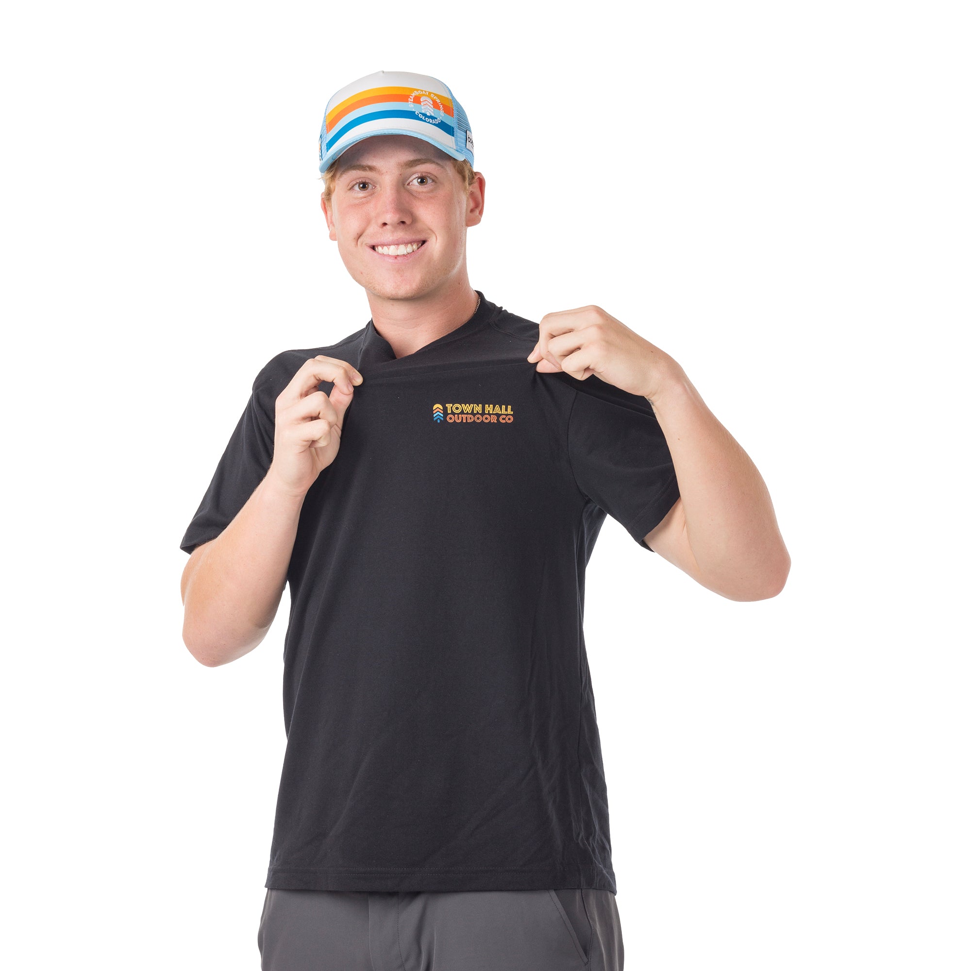 Black Adult Summertime Outside Tee modeled by tall male showing the playful Town Hall logo on front, perfect for warm-weather adventures and vacation vibes.