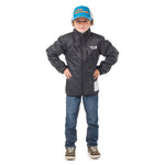 Boy showing the reverse side of the Skip Town insulated coat with Town Hall logo, highlighting the two-looks-in-one versatility kids love for outdoor play.