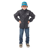 Boy showing the reverse side of the Skip Town insulated coat with Town Hall logo, highlighting the two-looks-in-one versatility kids love for outdoor play.