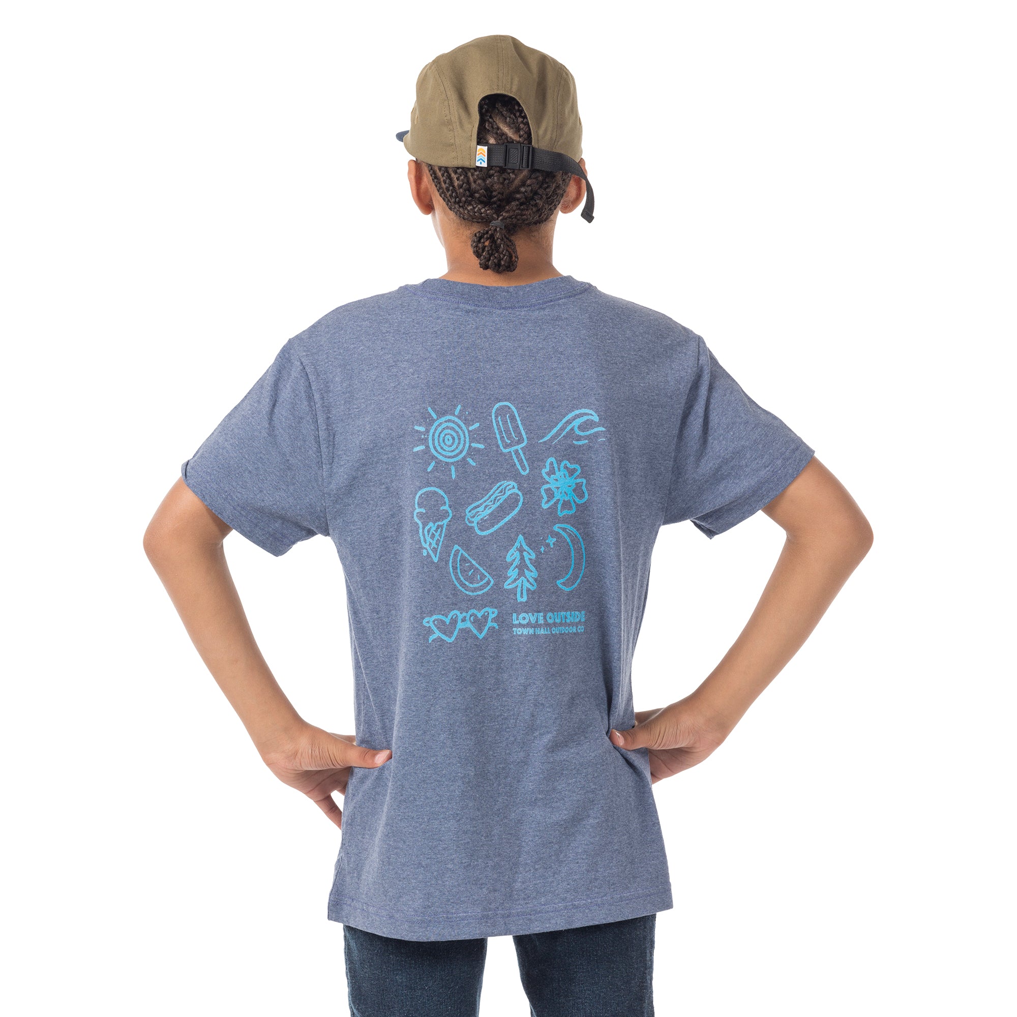 Child in our cobalt blue Kids Summertime Tee showing the joyful summer design on the back, durable for all-day play.