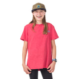 Front view of our ultra-soft ruby Kids Summertime Tee on girl model, featuring the Town Hall brand logo, ready for creek splashing and summer fun.