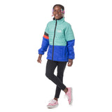 Teen girl wearing the Skip Town insulated coat in Canton blue with Town Hall logo, showcasing its versatile style for school days and weekend explorations.