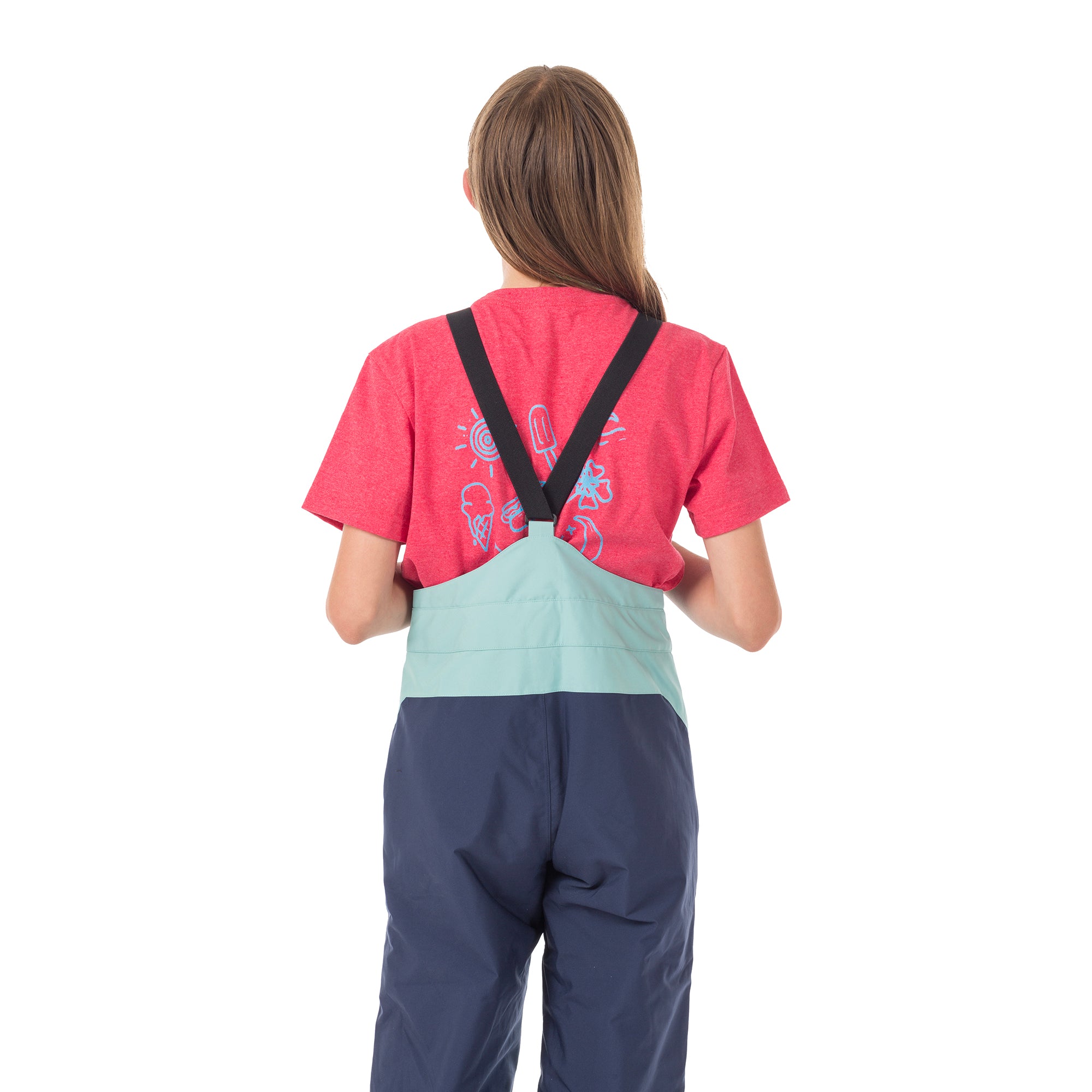 Back view of child wearing Town Hall's Canton Winter Bib, showing how the adjustable shoulder straps provide a secure, comfortable fit for active kids.