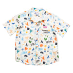 Front view of Town Hall Kids Cabana Shirt in Vanilla with ski-town print, orange buttons and a logo chest pocket.