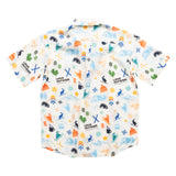 Back view of Town Hall Kids Cabana Shirt in Vanilla with allover winter icons and Love Outside print.