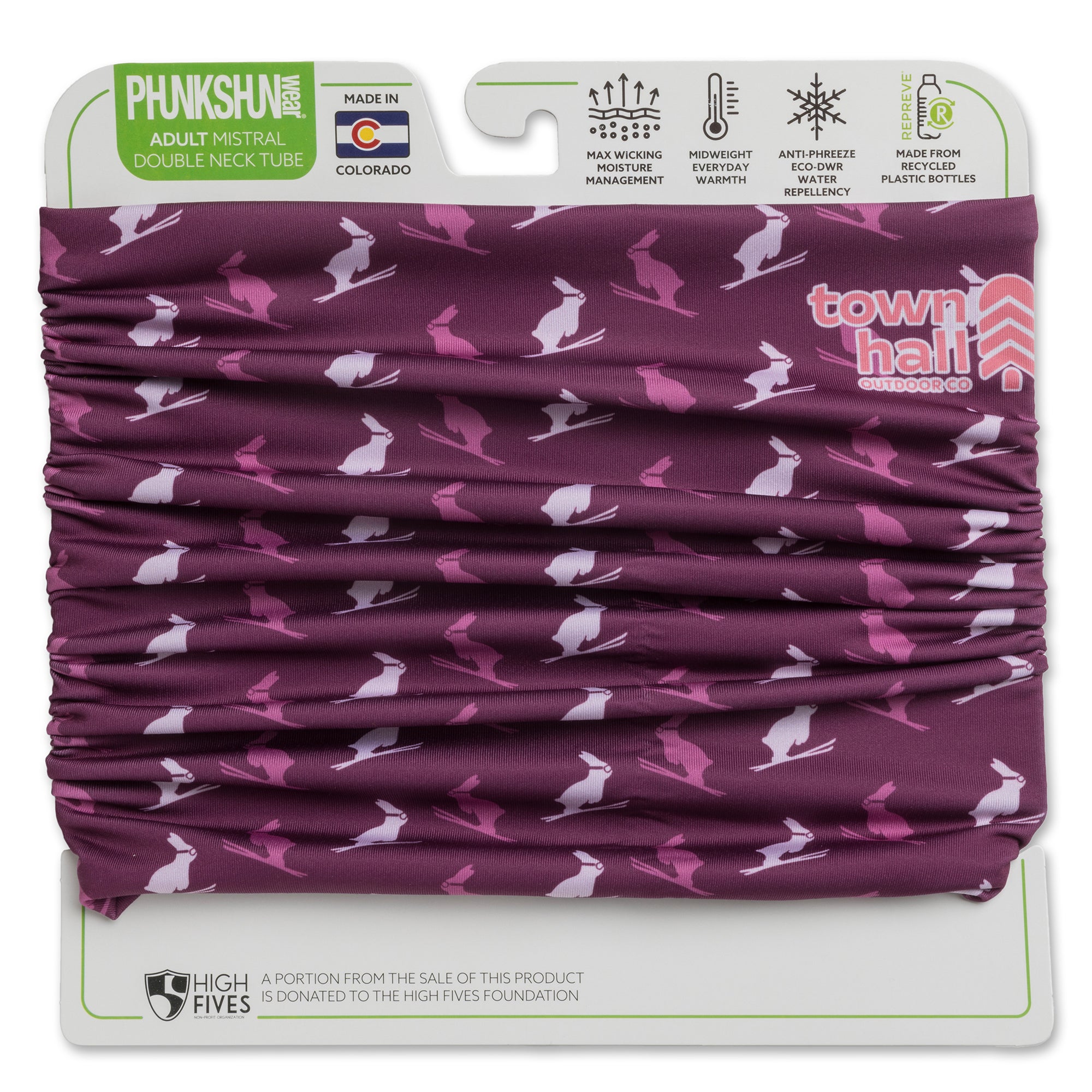 Magenta ski bunny neck gaiter displayed with packaging, showing Town Hall's branded double wall gaiter that keeps snow enthusiasts cozy all day.