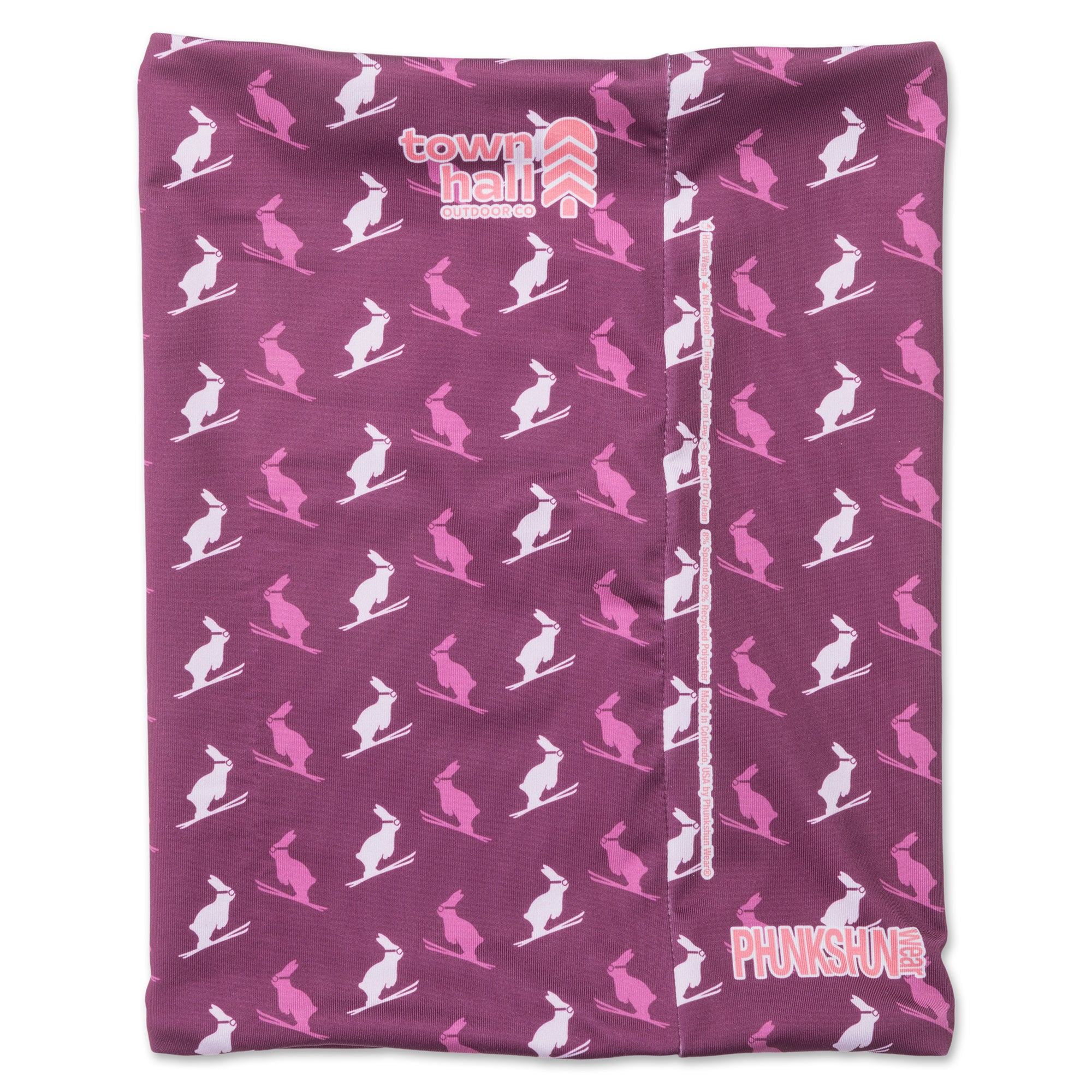Town Hall branded magenta neck gaiter with skiing bunny design, showcasing the double wall construction that adapts to changing mountain conditions.