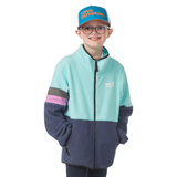 Child modeling our Midtown Fleece Jacket in Aqua Sky with Black Iris accents, showing the Town Hall logo and comfortable fit great for layering during all seasons.