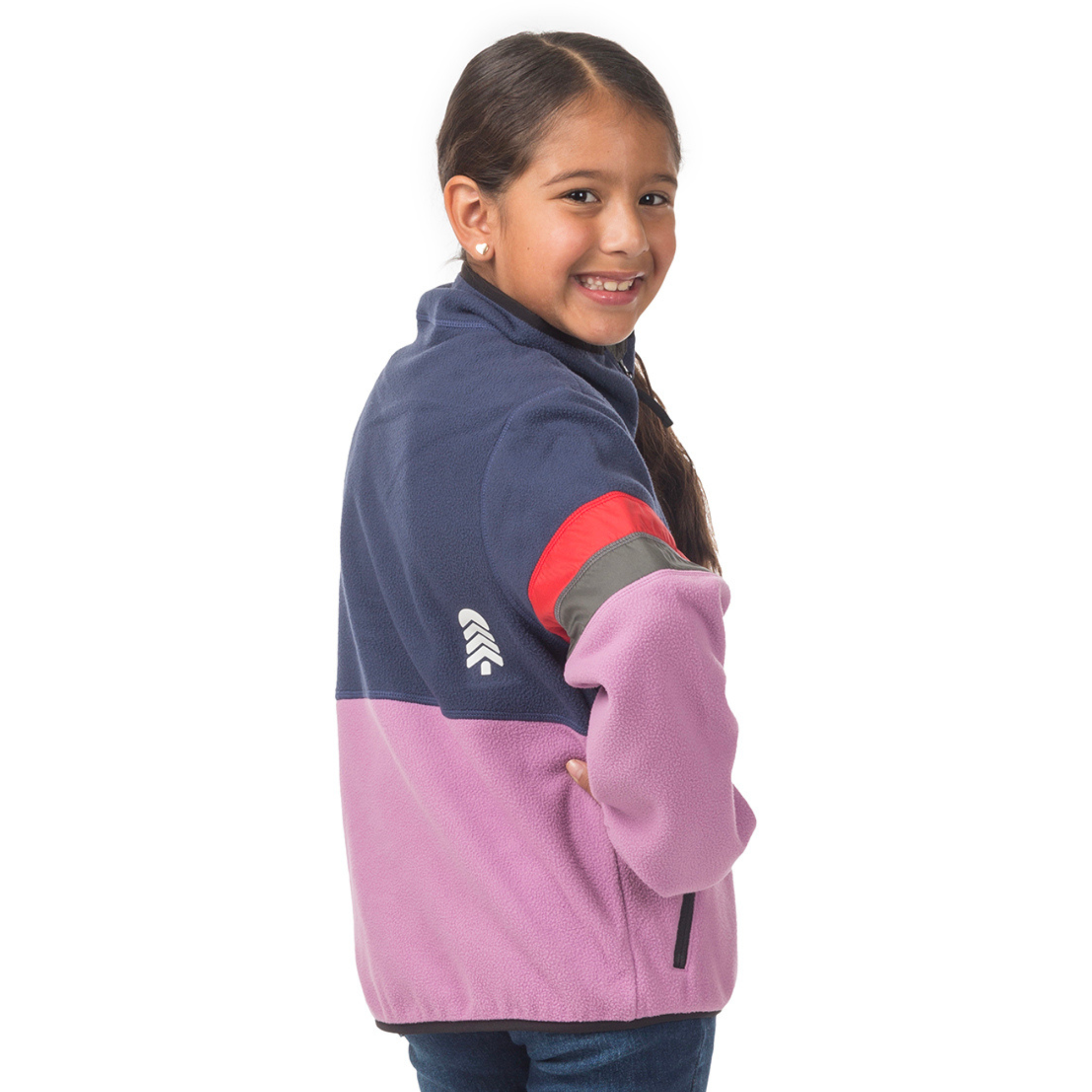 Back view of the kids Midtown Fleece Jacket in Mulberry and Black Iris on girl model, showing the clean design and binding that helps keep warmth in during outdoor activities.