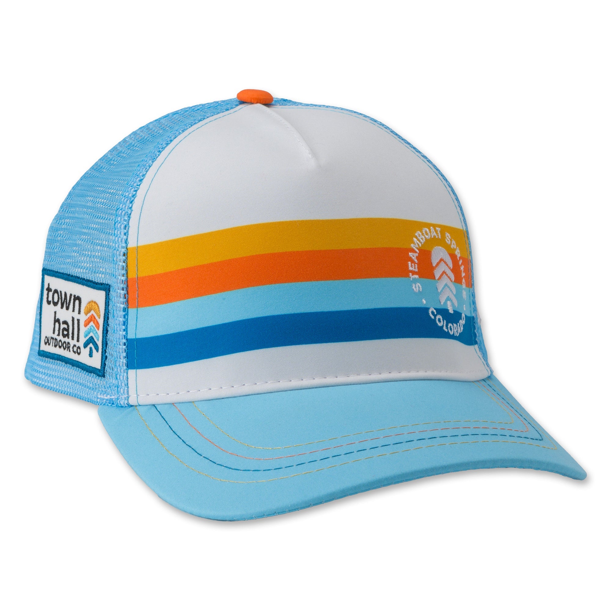Four stripe trucker hat on a white background.