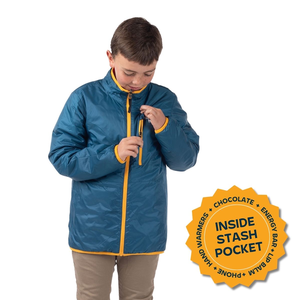 Child opening the yellow zippered chest pocket on the teal Skip Town Insulated Jacket, with Inside Stash Pocket badge.