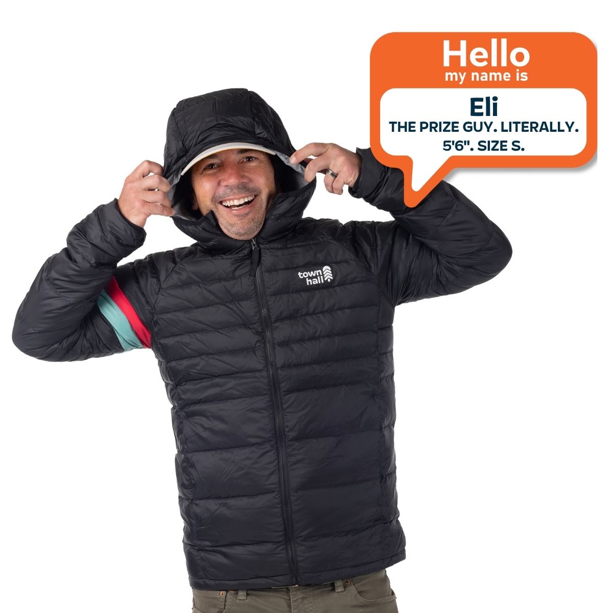 Eli, 5 feet 6 inches tall, wearing a size small Town Hall Adult Down Town Puffy black down jacket.