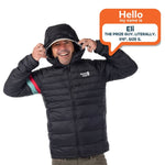 Eli, 5 feet 6 inches tall, wearing a size small Town Hall Adult Down Town Puffy black down jacket.