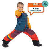 Colbi, age 5, wearing a size XXS Town Hall Down Town Puffy kids puffer jacket in yellow and teal.