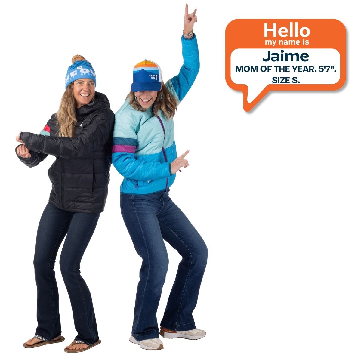 Two moms dancing wearing town hall jackets in bright colors