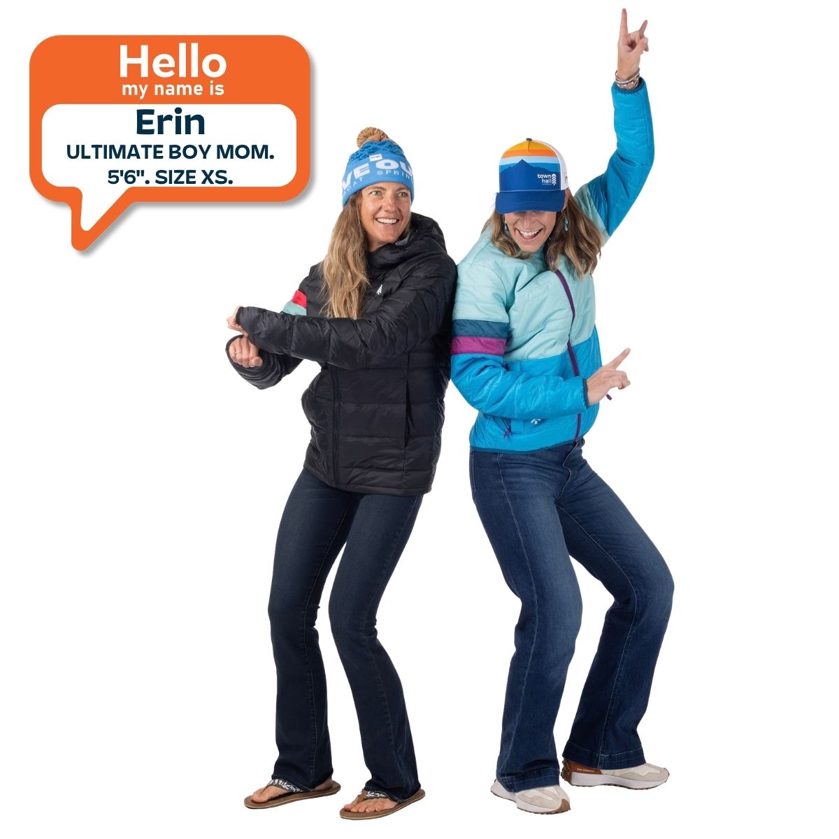 Two moms dancing and having fun in colorful puffy jackets by Town Hall