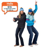 Two moms dancing and having fun in colorful puffy jackets by Town Hall