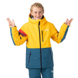 Child wearing a yellow and teal Town Hall Mountain Town winter jacket with matching teal snow pants.