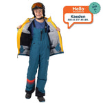 Kaeden, age 13 and 5 feet 2 inches tall, wearing a size XL Blue Coral Mountain Town snow bib beneath an open jacket.