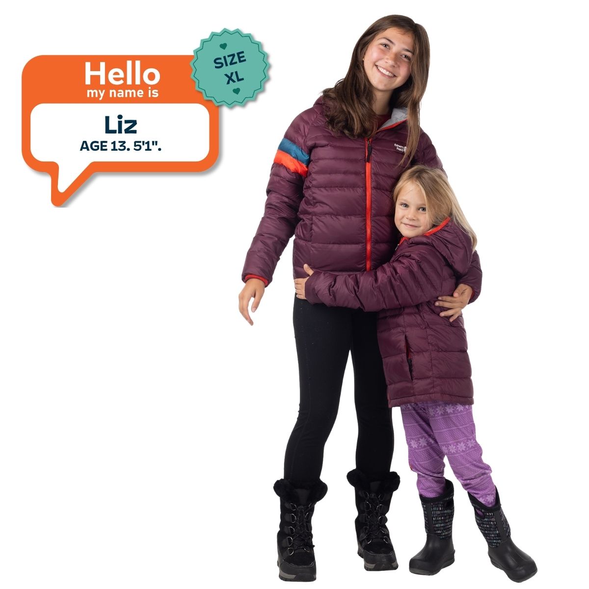 Liz, age 13, wearing a size XL Grape Jam Down Town Puffy jacket beside a younger child in a matching purple puffer.