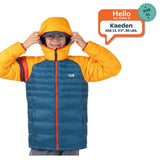 Kaeden, age 13, wearing a size XL yellow and teal Town Hall Down Town Puffy kids puffer jacket with the hood up.