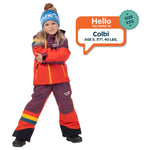 Colbi, age 5, wearing a size XXS Mountain Town kids winter jacket in purple and orange with matching snow pants.