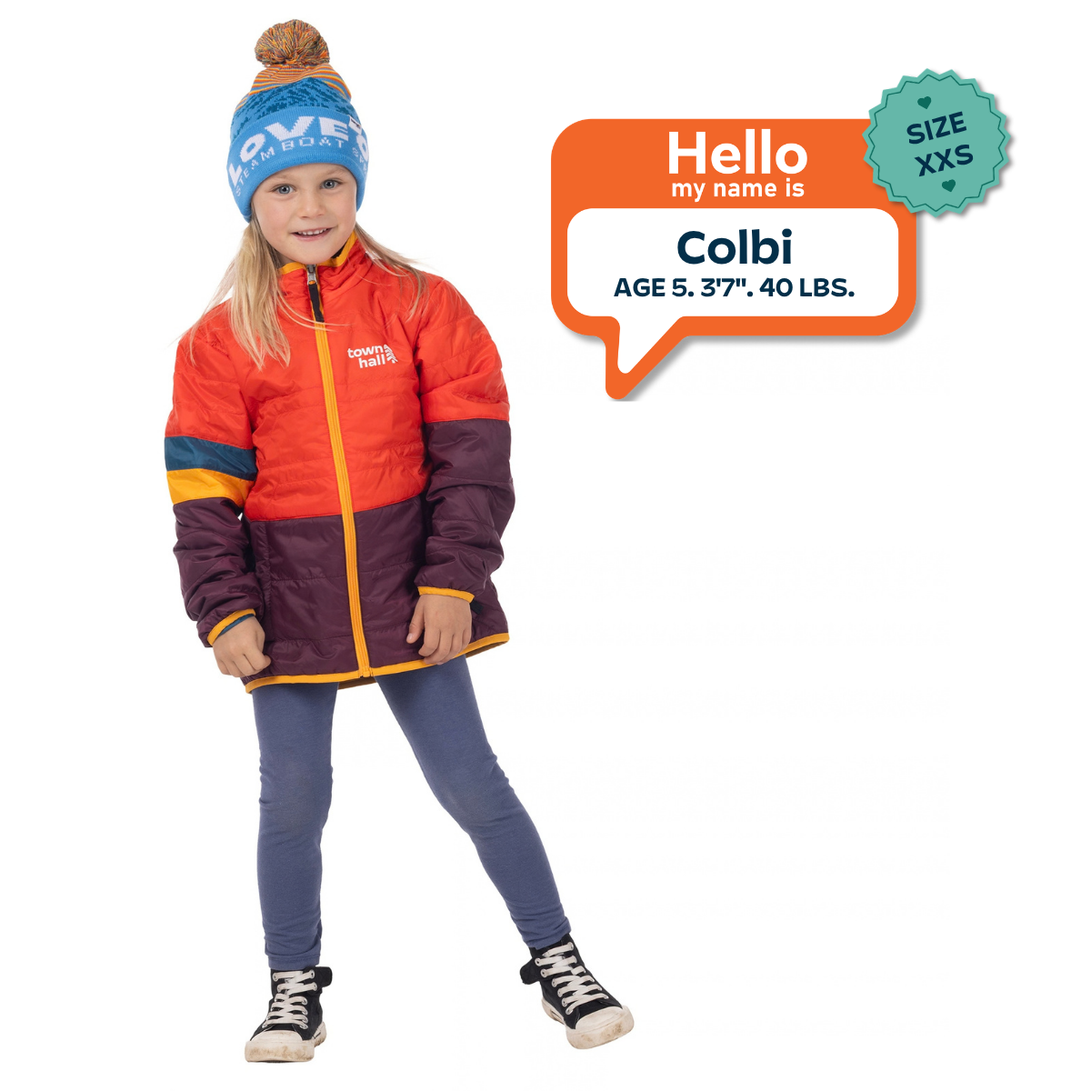 Colbi, age 5, 3 feet 7 inches and 40 pounds, models size XXS Skip Town Insulated Jacket in orange and plum.