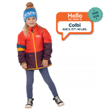 Colbi, age 5, 3 feet 7 inches and 40 pounds, models size XXS Skip Town Insulated Jacket in orange and plum.