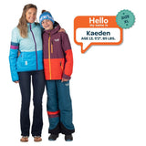 Kaeden, age 13, wearing a size XL purple and orange Mountain Town winter jacket, standing beside an adult.