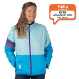 Erin, 5 feet 6 inches tall, models a size S women's OuttaTown Reversible Jacket in aqua and blue.