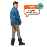 Skylar, age 10, 4 feet 11 inches and 85 pounds, models size L Skip Town Insulated Jacket on its teal reverse side.