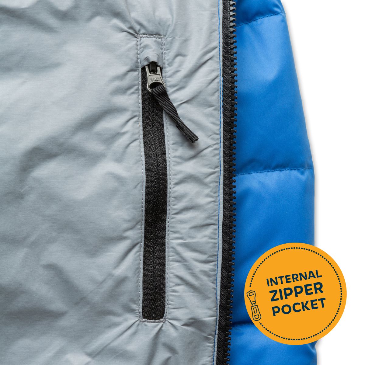 Close-up of a jacket with an internal zipper pocket label.