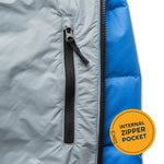 Close-up of a jacket with an internal zipper pocket label.