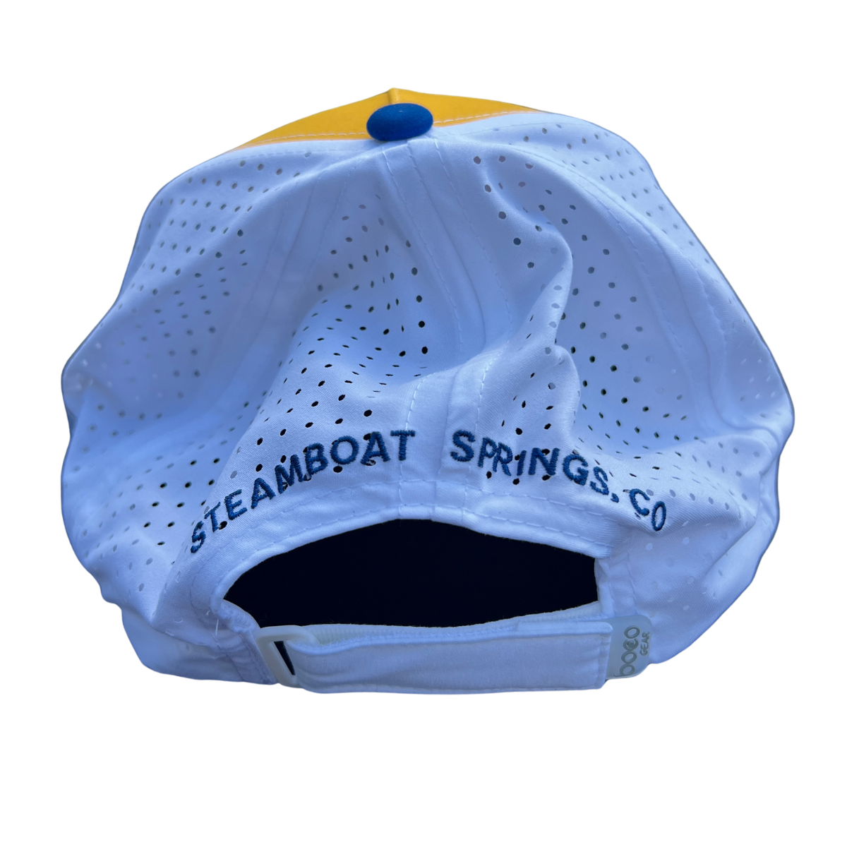White mesh cap with 'Steamboat Springs, CO' text on a white background