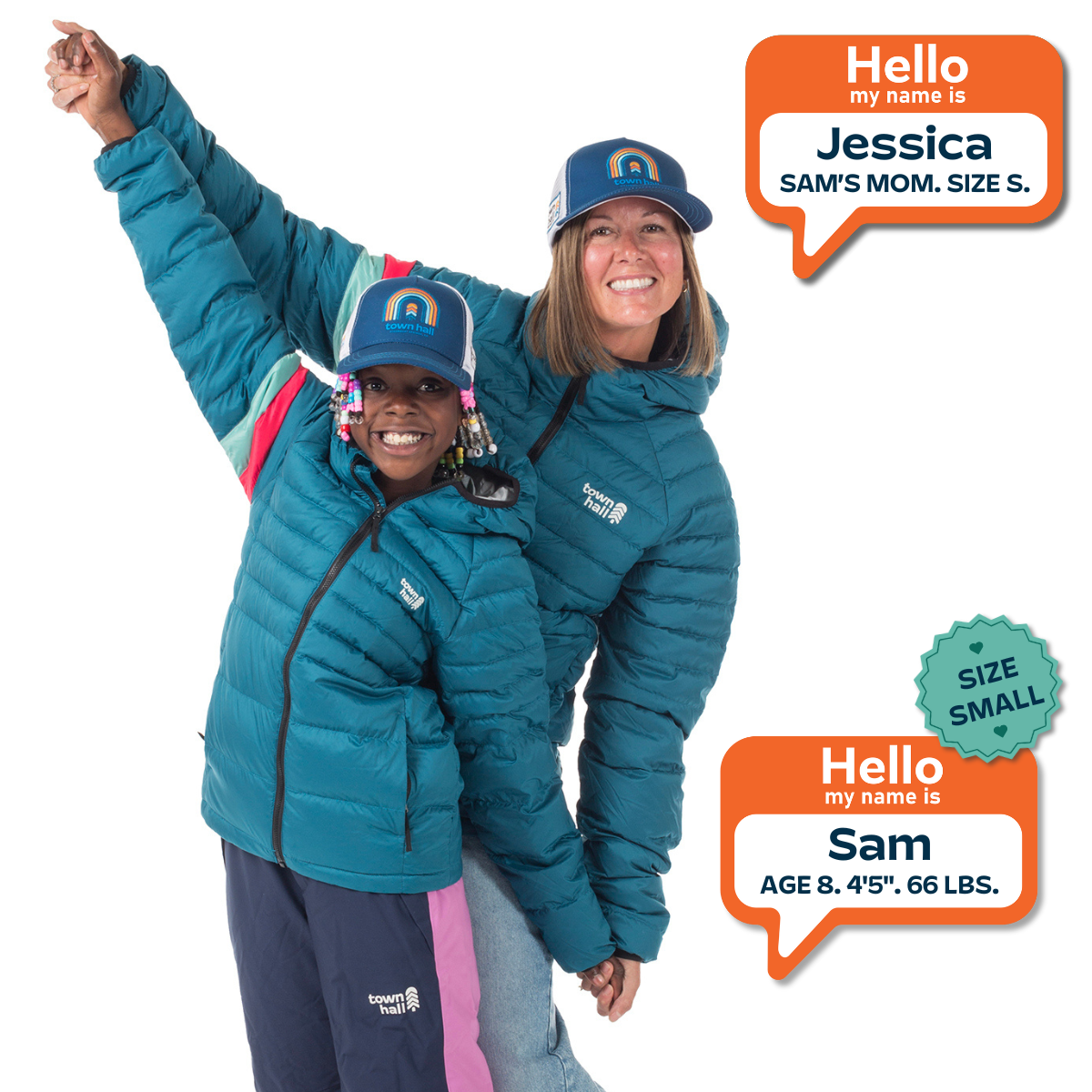Two children wearing teal jackets with a 'Hello my name is' label for each, on a white background.