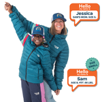 Two children wearing teal jackets with a 'Hello my name is' label for each, on a white background.