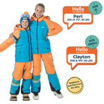 Two children in matching blue and orange snowsuits with text bubbles displaying their names and sizes.
