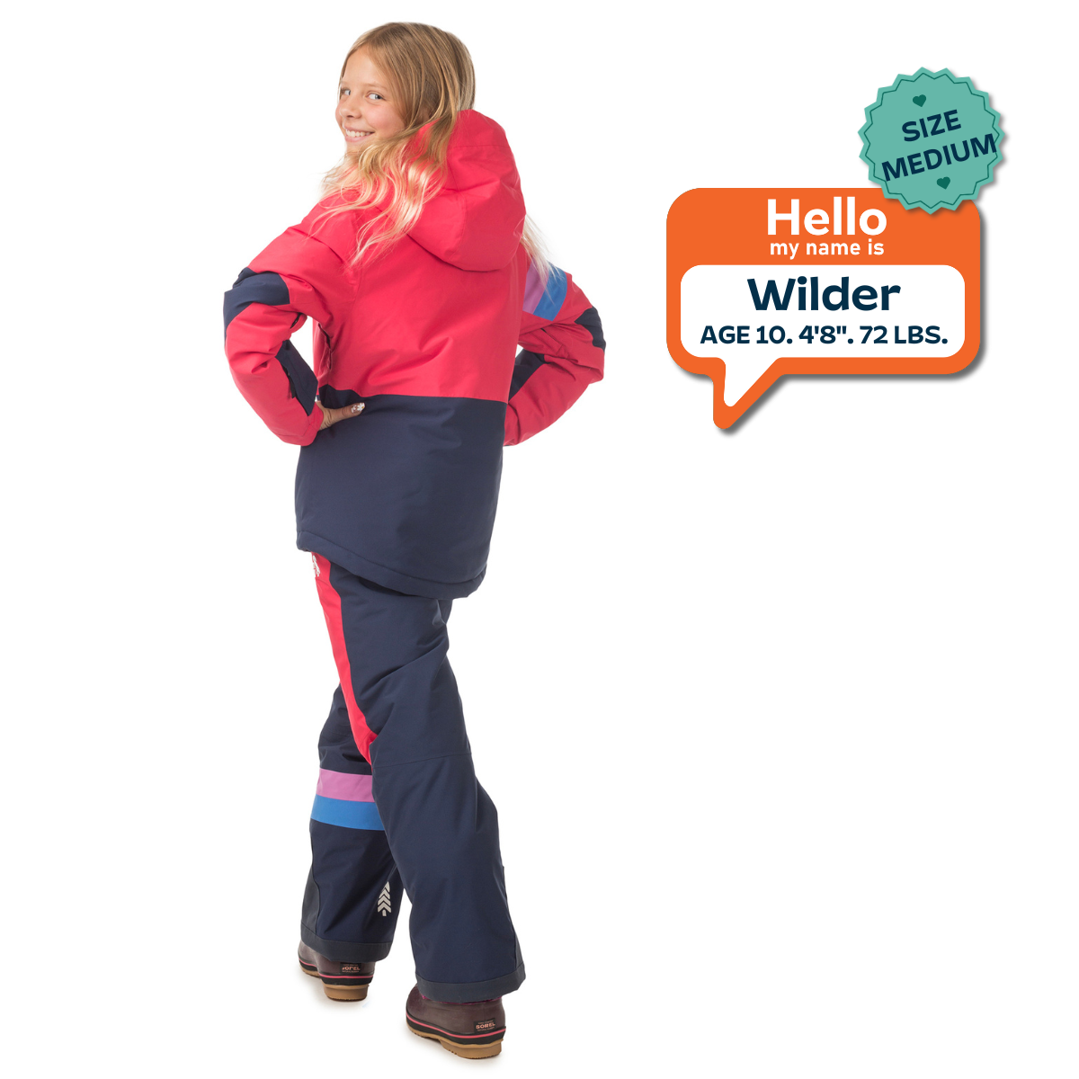 Child wearing a red and navy snowsuit with a speech bubble displaying personal information.