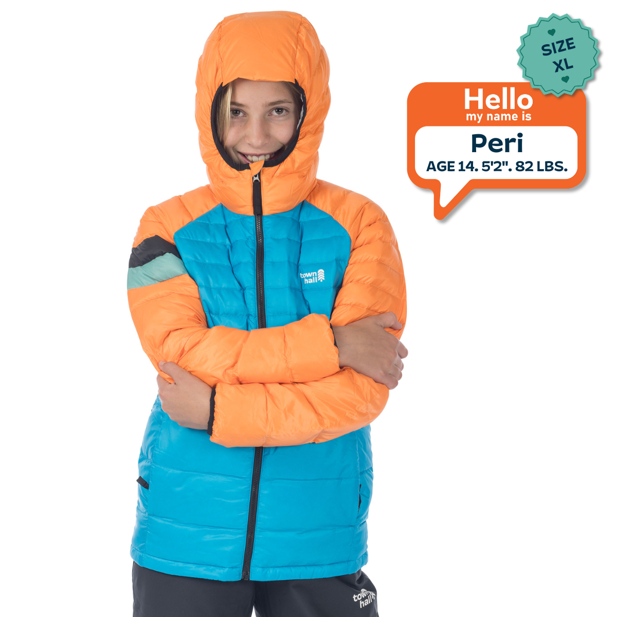 Child wearing an orange and blue jacket with a speech bubble displaying 'Hello my name is Peri'.