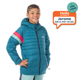 Child wearing a blue puffer jacket with colorful sleeves, standing against a white background.