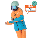 Person wearing an orange and blue jacket with a helmet and goggles, standing against a white background.
