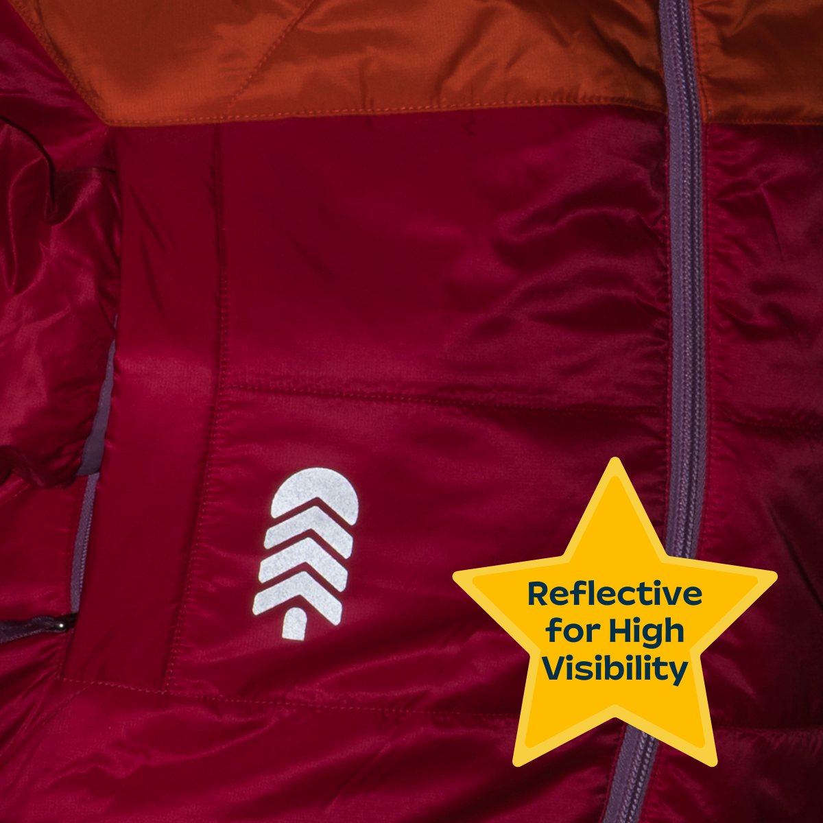 Red jacket with a reflective logo and text indicating high visibility.