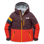 A Town Hall brand hooded ski jacket in a colorblock design of dark plum, bright red, and orange-yellow, with a gray lining and white logo on the chest.