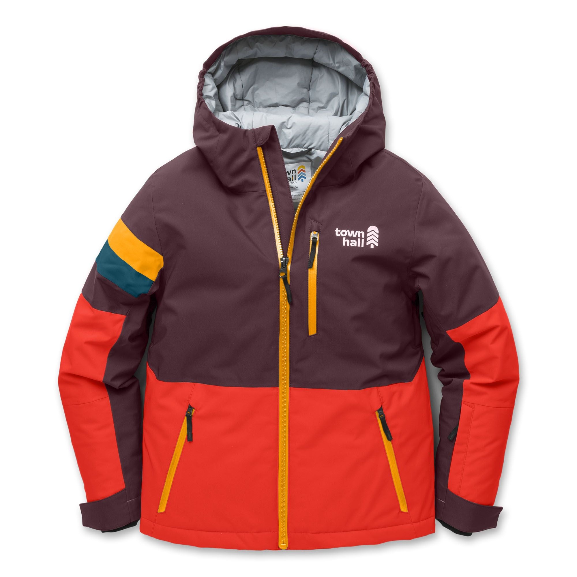 A Town Hall brand hooded ski jacket in a colorblock design of dark plum, bright red, and orange-yellow, with a gray lining and white logo on the chest.