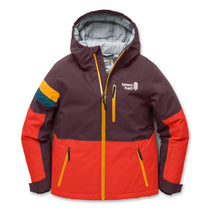 A Town Hall brand hooded ski jacket in a colorblock design of dark plum, bright red, and orange-yellow, with a gray lining and white logo on the chest.