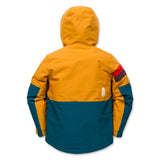 A hooded jacket shown from the back, featuring a mustard yellow upper body and hood, a dark teal lower body and sleeve sections, and a small red accent stripe on the upper right sleeve.